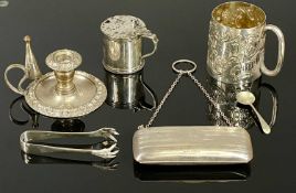 VICTORIAN SILVER CHRISTENING MUG with floral and scroll embossed decoration, Harrison Brothers