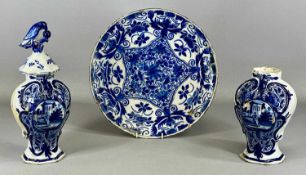 ANTIQUE DUTCH DELFT TIN WARE, comprising blue and white circular charger, 35cms (diam.)