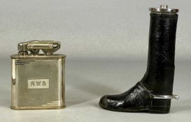 TWO VINTAGE CIGARETTE LIGHTERS, black leather covered metal example, modelled as a riding boot