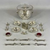 GROUP OF WHITE METAL COLLECTABLES, including four small circular two-handled bowls with matching