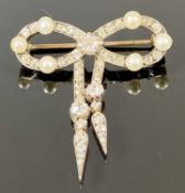 YELLOW & WHITE METAL BOW BROOCH, with two flexible drops, set with diamonds and seed pearls