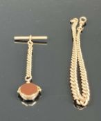 9CT ROSE GOLD GRADUATED LINK ALBERT CHAIN, with T-bar and bloodstone swivel fob