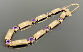 9CT ROSE GOLD LINE BRACELET, links set with seed pearl, with amethysts between, 18cms (l), 7.6gms