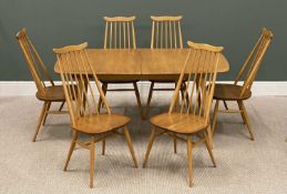 FINE LIGHT ERCOL EXTENDING DINING TABLE, 71 (h) x 155/226 (w) x 91cms (d), and set of six