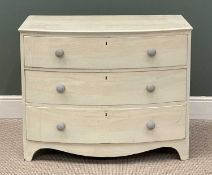 PAINTED BOW-FRONTED CHEST OF DRAWERS, turned knobs, on bracket feet