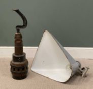 TWO SALVAGE METAL WARES comprising cobbler's last on stand, and metal / enamel vintage converted