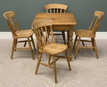 MODERN SQUARE PINE FARMHOUSE BREAKFAST TABLE, 76cms³, and set of four spindle-back farmhouse