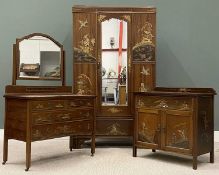 CHINOISERIE MAHOGANY BEDROOM SUITE, early 20th century, comprising single mirrored door wardrobe