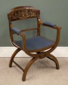 ANTIQUE MAHOGANY X-FRAME ELBOW CHAIR, fine inlay, blue upholstered seat, 87 (h) x 63 (w) x 51cms (d)