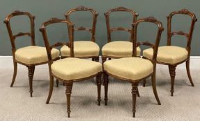 VICTORIAN MAHOGANY DINING CHAIRS, an attractive set of six, stuff-over upholstered