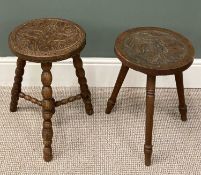 TWO VINTAGE CARVED TRIPOD STOOLS, circular tops, one with bobbin supports