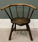 PRIMITIVE ELM STICK-BACK CHAIR having curved rail back, 46 (h) x 45 (w) x 24cms (d)