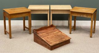 FOUR SCHOOL DESKS, with hinged lift lids, similar sized, 71 (h) x 61 (w) x 46cms (d)