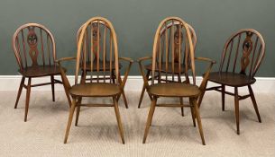 VINTAGE ERCOL DINING CHAIRS, two spindle and hoop back elbow chairs and a set of four spindle,