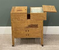 LIGHTWOOD CHINESE CARVED WORKTABLE having sliding and lift top above two drawers and on castors,