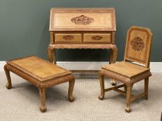 LIGHTWOOD CHINESE CARVED FURNITURE to include bureau, 107 (h) x 97 (w) x 45cms (d), coffee table and