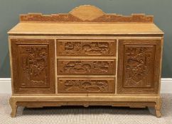 20TH CENTURY LIGHT WOOD, CHINESE CARVED SIDEBOARD, two cupboard doors and three drawers and a
