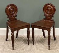 PLUS LOT 43 - PAIR OF CIRCULAR & SCROLLED BACK MAHOGANY HALL CHAIRS 82 (h) x 43 (w) x 38cms seat