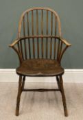 VINTAGE ELM WINDSOR ELBOW CHAIR having curved hoop spindle back, 94 (h) x 57 (w) x 38cms seat