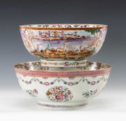 TWO 18TH C. CHINESE EXPORT FAMILLE ROSE PUNCH BOWLS, Qianlong, larger painted with flower garlands