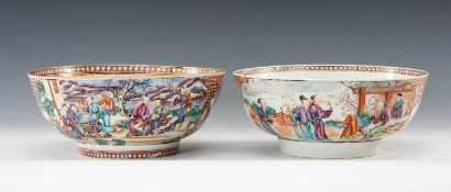 TWO 18TH C. CHINESE EXPORT FAMILLE ROSE PUNCH BOWLS, Qianlong, both painted with figures in shaped