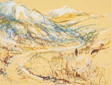‡ JANET BLIGH oil and pastel - entitled verso, 'Winter Hills', signed, 42 x 55cms