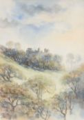 ‡ VALERIE GANZ (1936-2015) watercolour - landscape with Carreg Cennen Castle, signed, 50 x 35cms