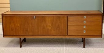 MID-CENTURY TEAK 'LONG JOHN' SIDEBOARD, four drawers to one side with recessed ring handles,