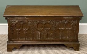 SMALL GOTHIC OAK STYLE BLANKET CHEST, arched carved panelled front, 47 (h) x 94 (w) x 38cms (d)