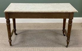 MAHOGANY MARBLE TOP WASHSTAND, late 19th century, two drawers, turned supports terminating on