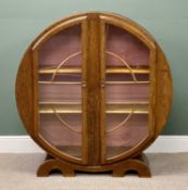 ART DECO CIRCULAR OAK DISPLAY CABINET, glazed double doors enclosing fixed shelved interior, 131 (h)