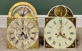 TWO ANTIQUE LONGCASE CLOCK FACES & MOVEMENTS, brass and silvered with painted rolling moon movement,