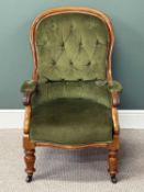 VICTORIAN MAHOGANY GENTLEMEN'S ARMCHAIR, green Dralon upholstered back, seat, and armrests, and