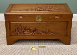 CHINESE CAMPHOR WOOD CHEST with carved decoration, brass lock plate, sliding tray to interior, 54 (