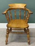 EARLY 20TH CENTURY SMOKER'S BOW CHAIR, with turned spindle back, turned supports and stretchers,