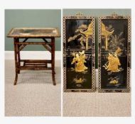 PAIR OF CHINESE RECTANGULAR BLACK LACQUERED WALL PLAQUES, with relief decoration of figures, 61 x