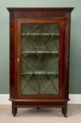 19TH CENTURY MAHOGANY FREE STANDING CORNER CABINET, lattice glazed single door enclosing shelf lined