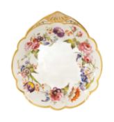 SWANSEA PORCELAIN FAN HANDLED DESSERT DISH, probably decorated by David Evans, moulded handle picked