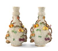 PAIR OF MEISSEN STYLE PORCELAIN SCHNEEBALLEN BOTTLE VASES, garlic necks applied with birds and