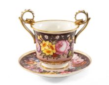 EARLY 19TH C. ENGLISH PORCELAIN CABINET CUP & STAND, decorated in the Nantgarw style with summer