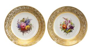 TWO CROWN DERBY PORCELAIN CABINET PLATES, early 19th century, similarly painted with sprays of