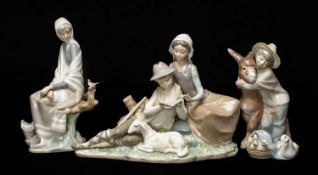 FOUR LLADRÓ FIGURINES including, Children Reading 4929, Platero and Marcelino 1181, New