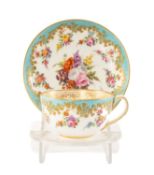 COALPORT CUP & SAUCER, c. 1820, painted with central floral sprays within gilt-edged turquoise
