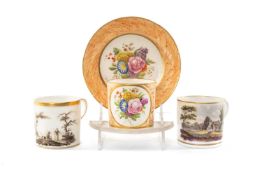 THREE EARLY 19TH C. PORCELAIN COFFEE CANS: English coffee can printed and coloured with a view of