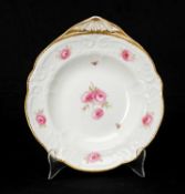 NANTGARW PORCELAIN FAN HANDLED DESSERT DISH, moulded border decorated with full blown roses and 2