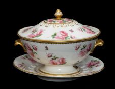 SWANSEA PORCELAIN TUREEN, COVER & STAND, 1815-17, circular with gilt handles and dentil rims,