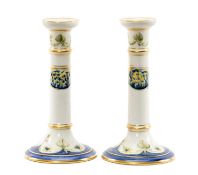 WILLIAM MOORCROFT FOR JAMES MACINTYRE & CO: PAIR OF FLORIAN CANDLESTICKS, painted in blue, yellow