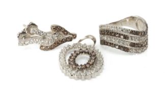 18CT WHITE GOLD JEWELLERY SUITE, comprising ring, pendant and pair of earrings, set with white and