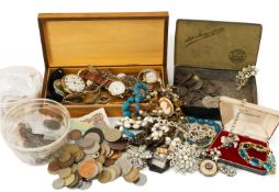 ASSORTED COSTUME JEWELLERY AND COINS AND BANK NOTES, including rings, necklaces and pre-decimal