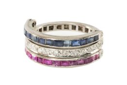 DIAMOND, RUBY & SAPPHIRE SWIVEL RING, unmarked white metal, gross wt. approx. 7.3g ring size P